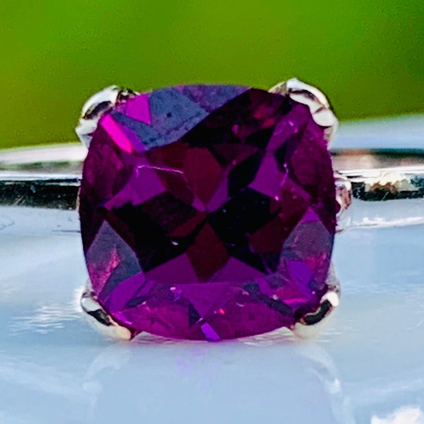 Engagement Ring White Gold 1.87 Carat Purple Grape Garnet Ring cushion cut Purple Bishop Garnet 14k White Gold