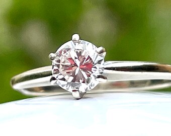 Solitaire Diamond Engagement Ring 0.45 carat vintage Round Brilliant Cut Diamond Ring 14k white gold band classic six prong setting