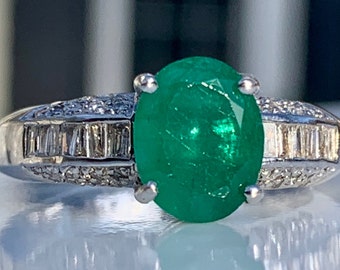Natural Emerald Ring 1.50 carat Columbian Emerald Engagement Ring 0.35cttw Diamond accents 18k white gold Ring