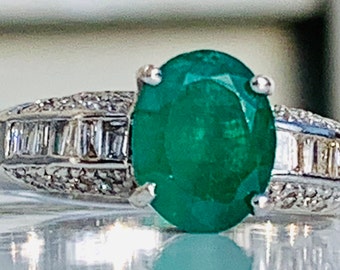 Emerald Engagement Ring Natural 1.50 carat Columbian Emerald Ring 0.35cttw Diamond accents 18k white gold Ring