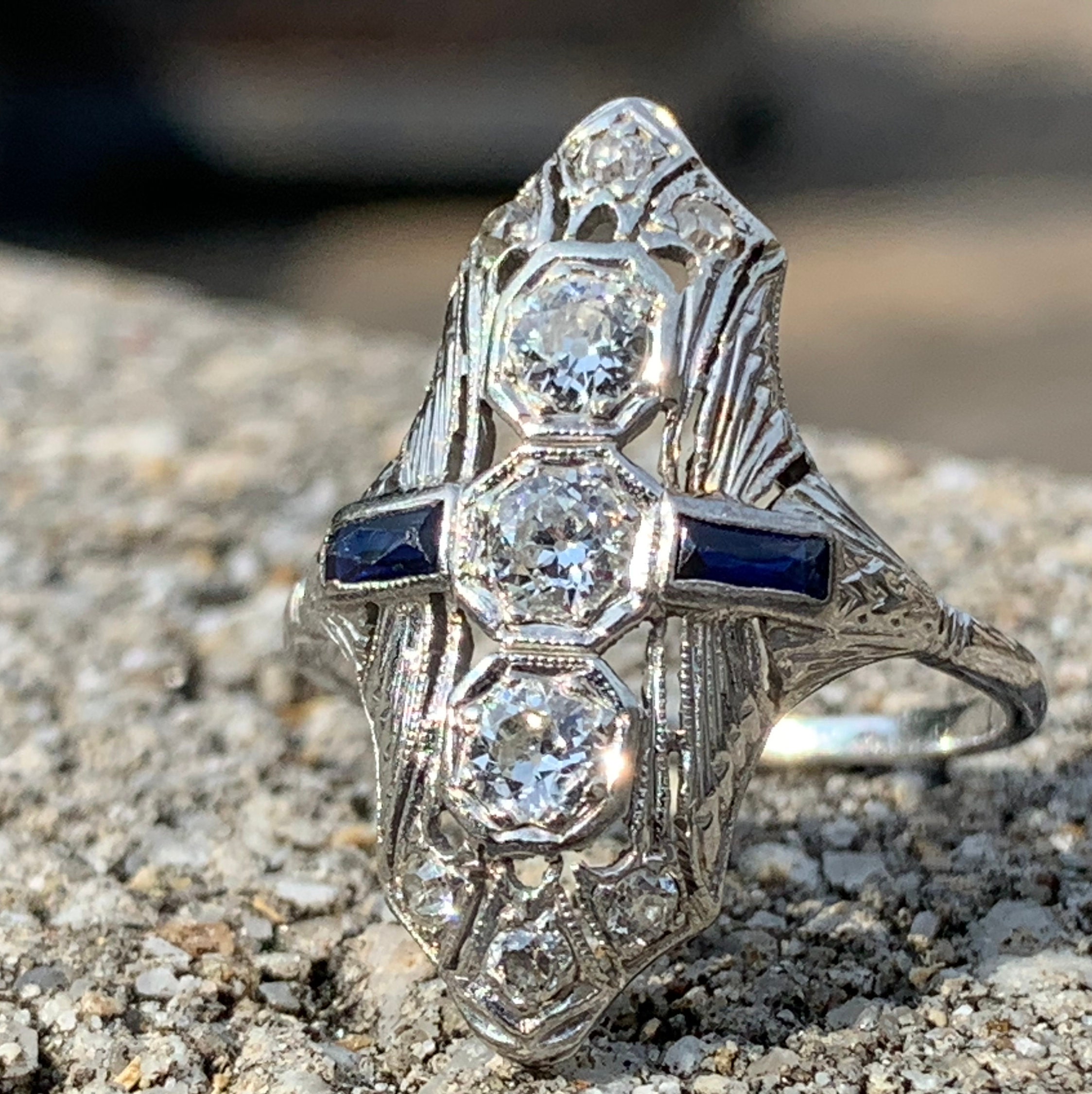 Art Deco Belais Ring 1920s Vintage Engagement ring 1.12cttw Old European Cut Diamonds 18k
