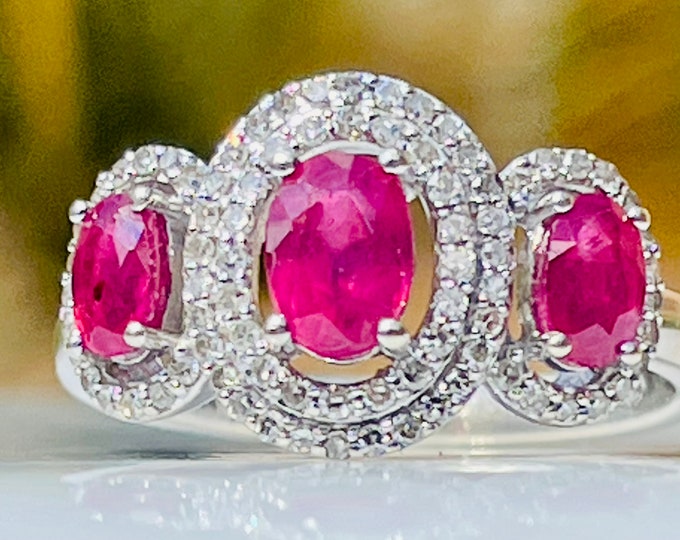 Featured listing image: Ruby Engagement Ring Past Present Future Ruby Ring 1.1 Cttw Natural Ruby Gemstone 0.80cttw Diamond Halo 14k white gold