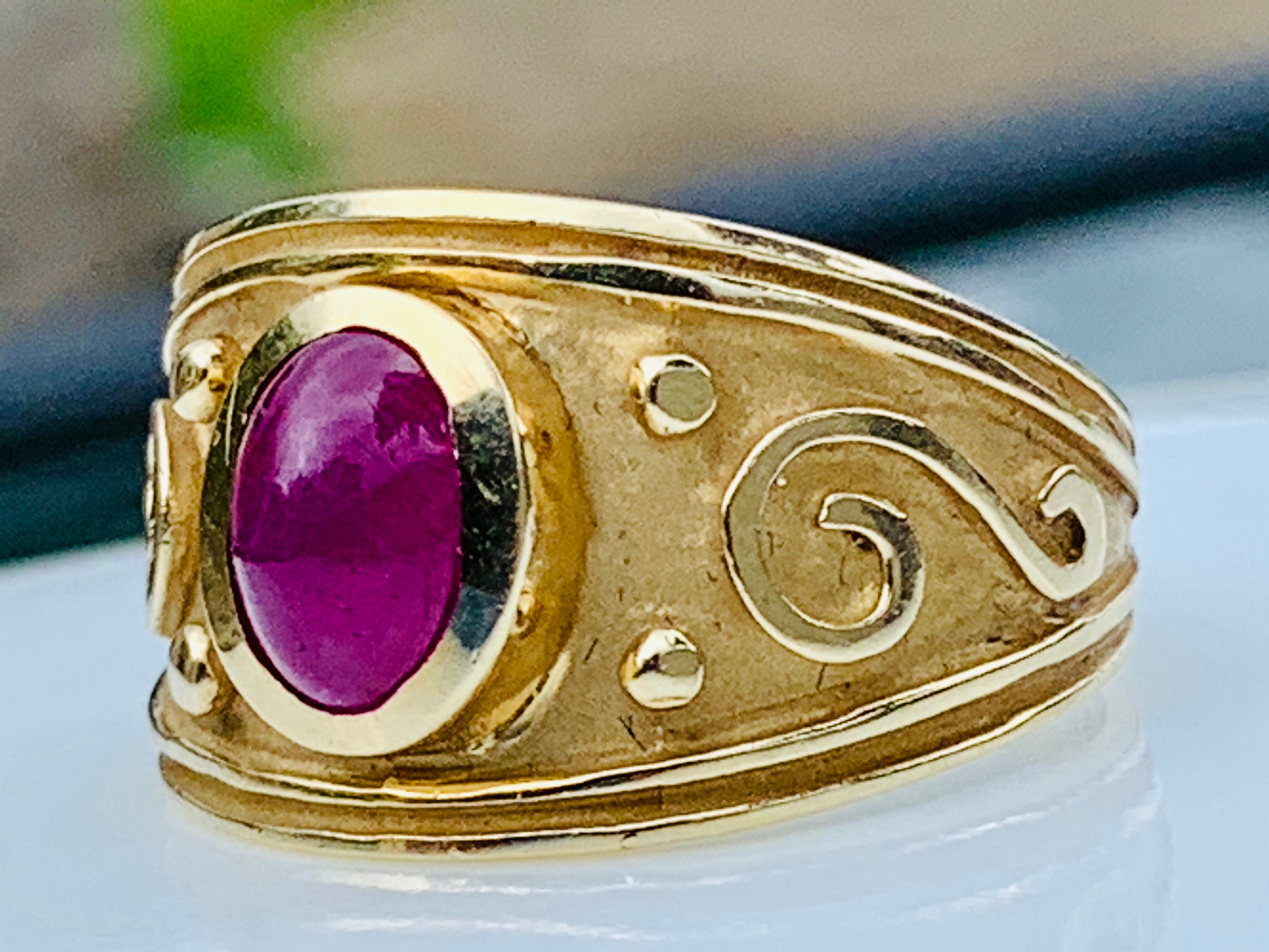 Natural Ruby Etruscan Style Ring Byzantine Ring 14k solid yellow