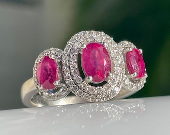 Ruby Engagement Ring Past Present Future Ruby Ring 1.1 Cttw Natural Ruby Gemstone 0.80cttw Diamond Halo 14k white gold