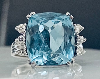 Art Deco Statement Ring Ring Vintage topaz ring 14.45 Carat Natural Sky Blue Topaz Ring 14k White Gold 0.42cttw Diamond accents