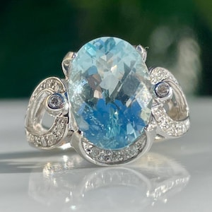 Vintage Aquamarine Engagement Ring Art Deco Ring 4.5 Carat Natural Aquamarine Ring 14k White Gold 0.12cttw Diamond accents