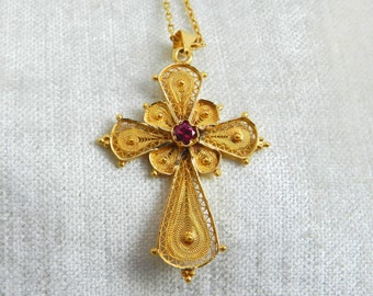 Antique Gold Cross Cannatille Necklace in 18k yellow gold with genuine ruby