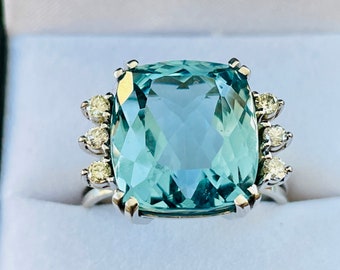 Vintage Topaz Statement Ring Art Deco Style Ring 14.45 Carat Natural Sky Blue Topaz Ring 14k White Gold 0.42cttw Diamond accents
