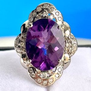 Amethyst Engagement Ring 7.43 Carat Natural Brazilian Amethyst 0.32cttw Diamonds eight grams 14k white gold Vintage Art Deco vintage setting