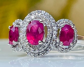 Ruby Engagement Ring Past Present Future Ruby Ring 1.1 Cttw Natural Ruby Gemstone 0.80cttw Diamond Halo 14k white gold