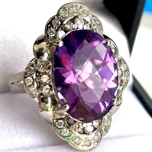 Vintage Amethyst Engagement Ring 7.43 Carat Natural Brazilian Amethyst 0.32cttw Diamonds eight grams 14k white gold Art Deco vintage setting