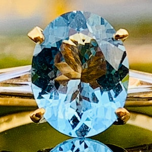 Vintage Aquamarine Ring Unique Engagement Ring 2.0 carat natural Aquamarine 0.30 White Topaz Baguette accents 14k yellow gold