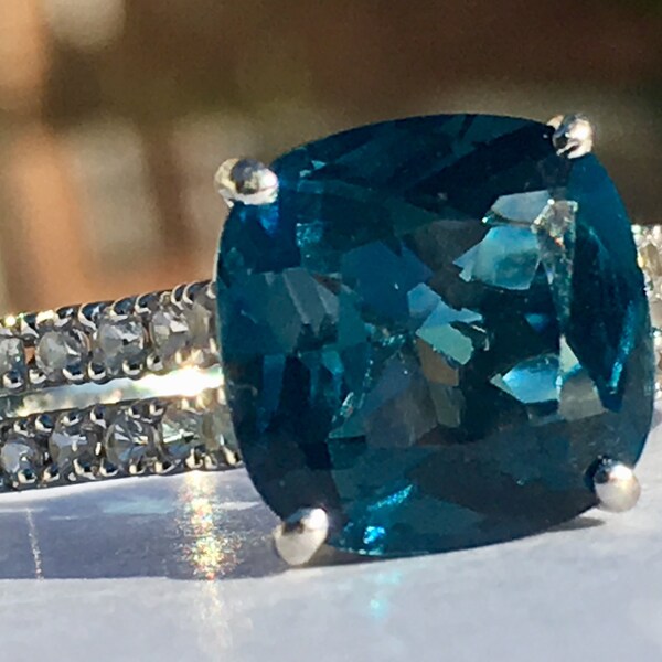 Blue Topaz Ring 3.5 Carat Natural Blue Topaz Engagement Ring Cushion Cut 14k white gold white topaz accent stones