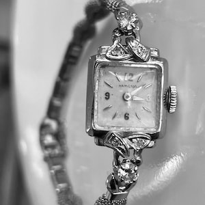 Vintage Gold Watch Hamilton Ladies Watch 14k White gold and diamonds Art Deco Ara