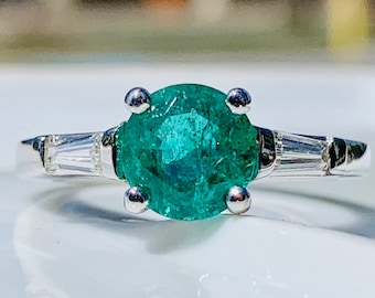 Emerald Engagement Ring Natural Columbian Emerald 1.36 carats in 14k white gold with Diamond baguette accents comes with appraisal