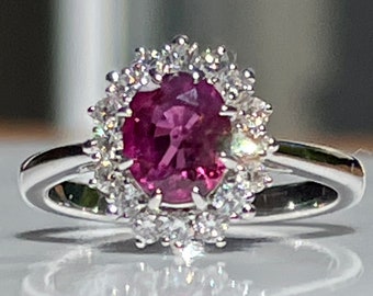 Ruby Engagement Ring Natural 1.11 Carat Ceylon Ruby 14k white gold Diamond halo
