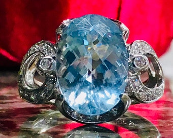 Vintage Aquamarine Engagement Ring Art Deco Ring 4.5 Carat Natural Aquamarine Ring 14k White Gold 0.12cttw Diamond accents