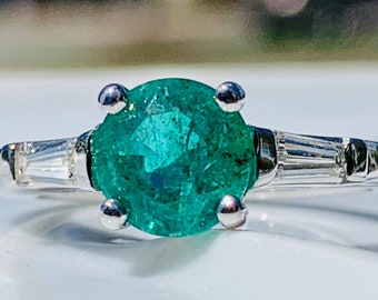 Emerald Engagement Ring High Grade Natural 1.36 carat Columbian Emerald 0.263cttw Diamond baguettes 14k white gold Art Deco style Ring