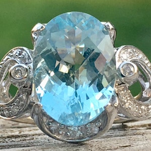 Aquamarine Engagement Ring 4.5 Carat Natural Aquamarine Ring Vintage Art Deco 14k White Gold 0.12cttw Diamond accents statement ring