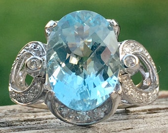 Aquamarine Engagement Ring 4.5 Carat Natural Aquamarine Ring Vintage Art Deco 14k White Gold 0.12cttw Diamond accents statement ring