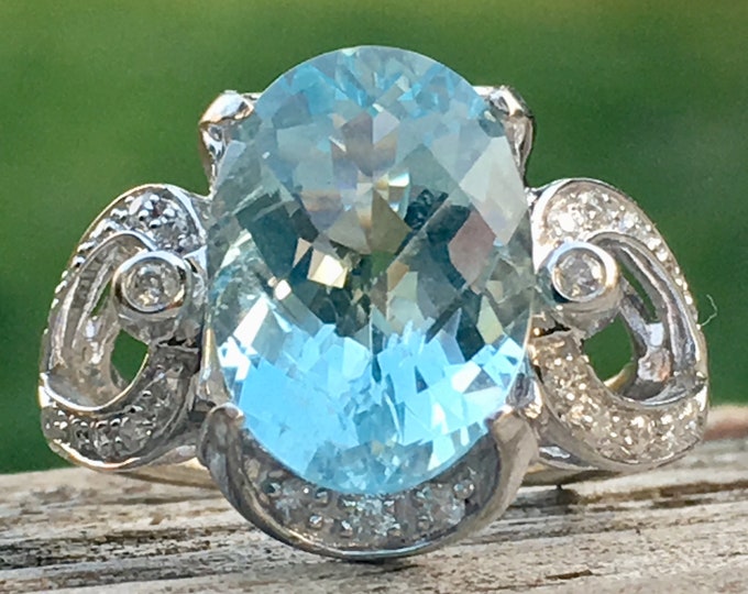 Featured listing image: Aquamarine Engagement Ring 4.5 Carat Natural Aquamarine Ring Vintage Art Deco 14k White Gold 0.12cttw Diamond accents statement ring