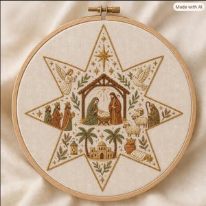 May include: A circular wooden embroidery hoop containing a fabric panel with a detailed nativity scene stitched in gold, brown, and green thread. The design features a central star shape enclosing a manger, figures, palm trees, and animals.