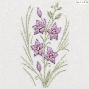 May include: A hand-embroidered design on white fabric featuring four purple star-shaped flowers with pink centers, two closed flower buds, and light green stems and leaves arranged in a vertical botanical pattern with long, thin grass-like blades.
