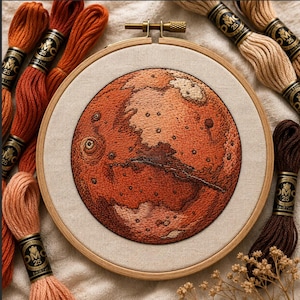 Pianeta Marte – Motivo di ricamo celeste con texture Studio della superficie di Marte – Motivo di ricamo del pianeta dipinto con filo Ricamo del pianeta rosso