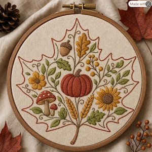 Puede incluir: Un bastidor de bordado circular de madera que contiene una tela de color blanco roto con un diseño detallado cosido a mano del contorno de una hoja de arce. Dentro de la hoja hay motivos bordados de una calabaza, setas, una bellota, trigo y flores.
