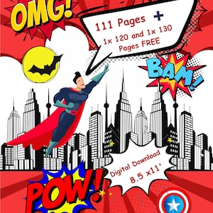 Op de afbeelding: Een digitale download van 111 pagina's, plus een 120 pagina's en een 130 pagina's boekje, allemaal gratis. De afbeelding toont een superheld die over een skyline vliegt met de woorden "OMG!" en "POW!" in stripboek stijl.