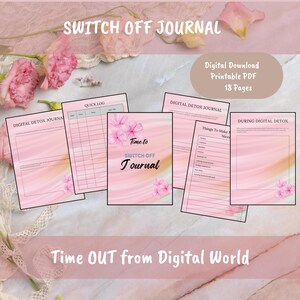 Könnte beinhalten: Ein digitales druckbares Journal mit rosa und weißen Blumenmustern. Das Journal trägt den Titel "Switch Off Journal" und enthält Seiten für ein schnelles Protokoll, ein digitales Entgiftungsjournal und Dinge, die man während einer digitalen Entgiftung angenehm machen kann. Das Journal hat 18 Seiten.