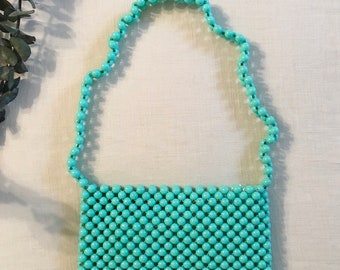 1950s 1960s Aqua/Teal,Green Plastic Bead Purse, Vintage Top Handle Purse, Mid Century Accessory