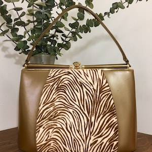 Bolso de mano con asa superior de vinilo con imitación de cebra de los años 50 y 60, monedero vintage, accesorio de mediados de siglo