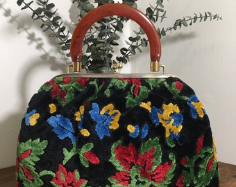 1950s 1960s Floral Tapestry Carpetbag, Vintage Top Handle Handbag, Mid Century Accessory