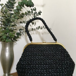 1950s 1960s Black Woven Raffia Purse, Vintage Top Handle Handbag, Mid Century Accessory