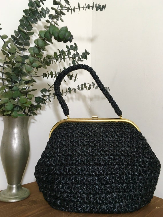 1950s 1960s Black Woven Raffia Purse, Vintage Top… - image 1