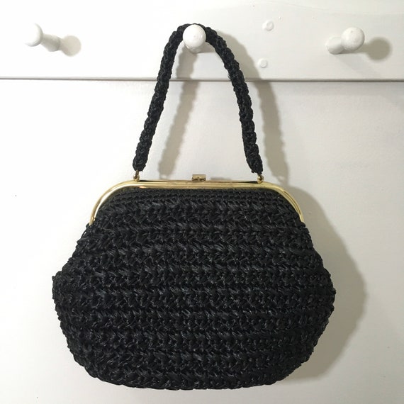 1950s 1960s Black Woven Raffia Purse, Vintage Top… - image 3