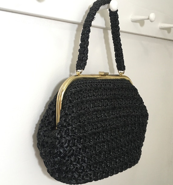 1950s 1960s Black Woven Raffia Purse, Vintage Top… - image 4