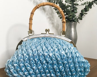 1950s 1960s Gaymode Blue Raffia Lucite Purse, Vintage Top Handle Handbag, Mid Century Accessory