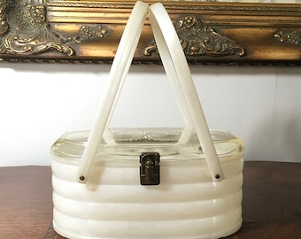 1950s White Marbleized Lucite Box Bag, Vintage Acetate Molded Purse, Mid Century Accessory