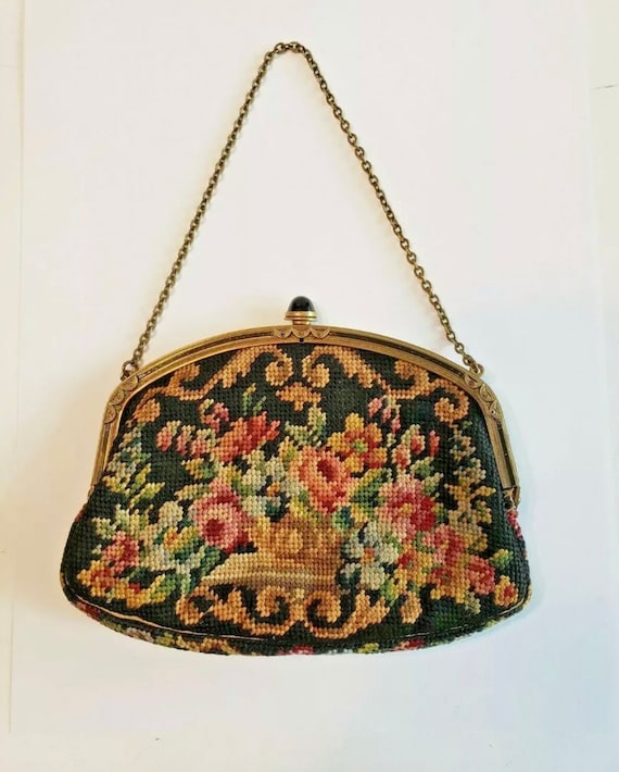 1930s Art Deco Petit Point Purse 30s Needlepoint Tapestry Evening Bag Vintage Accessory