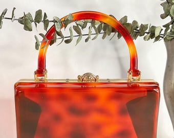 1950s Butterscotch Tortoise Shell Lucite Top Handle Box Purse, Vintage 50s Handbag, Mid Century Accessory