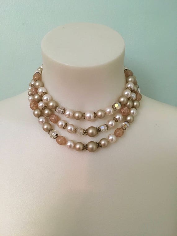 Vintage 1950s champagne colored lucite beaded nec… - image 2