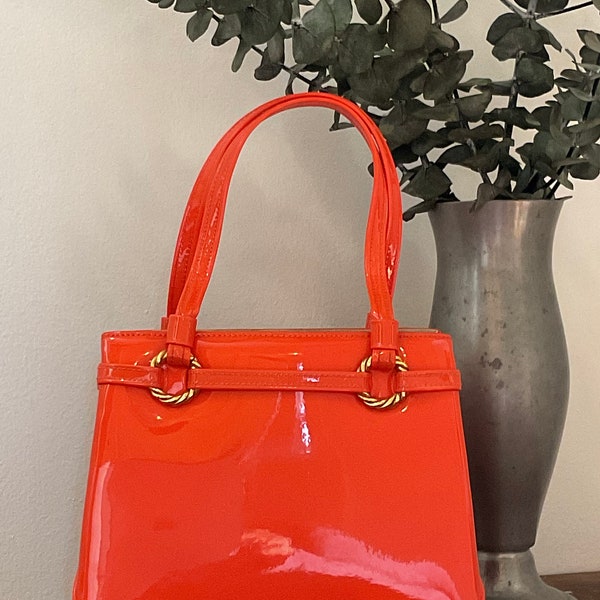 1960s Lewis Petite Orange Patent Leather Vinyl Top Handle Handbag, Retro Mod Purse