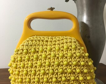 1960s Yellow Raffia Purse, Vintage 60s Purse, Mid Century Accessory
