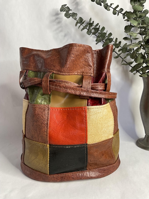 1960s 1970s Multi Colored Patchwork Drawstring Bu… - image 2