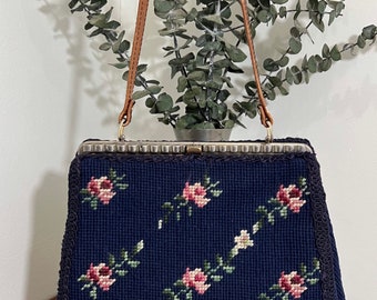 1950s 1960s Floral Needlepoint Tapestry Purse, Vintage Top Handle Handbag, Mid Century Accessory