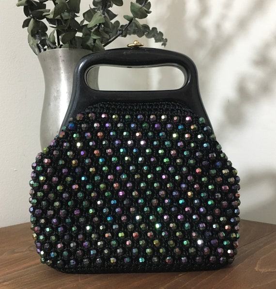 1960s Black Bead Purse, Vintage Mod Handbag, Mid … - image 1