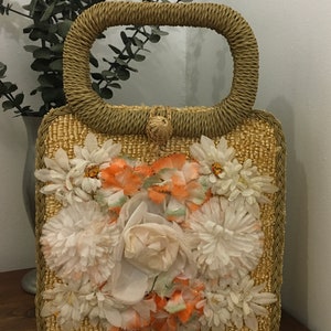 Cartera de seda con flores de paja de los años 50, bolso vintage con asa superior, accesorio de mediados de siglo