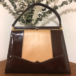 1960s A Risqué Top Handle Handbag, Vintage Chocolate Brown & Tan Purse, Mid Century Accessory